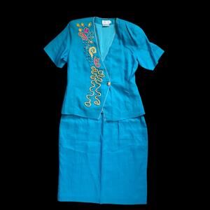 Vintage Anne French Aqua Beaded Jewels Skirt Set Deadstock NWT, Plus Size 16
